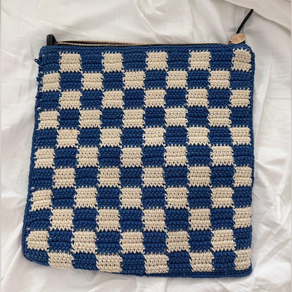 Clare V. Foldover Clutch W/Tabs Blue & Cream Crochet Checker